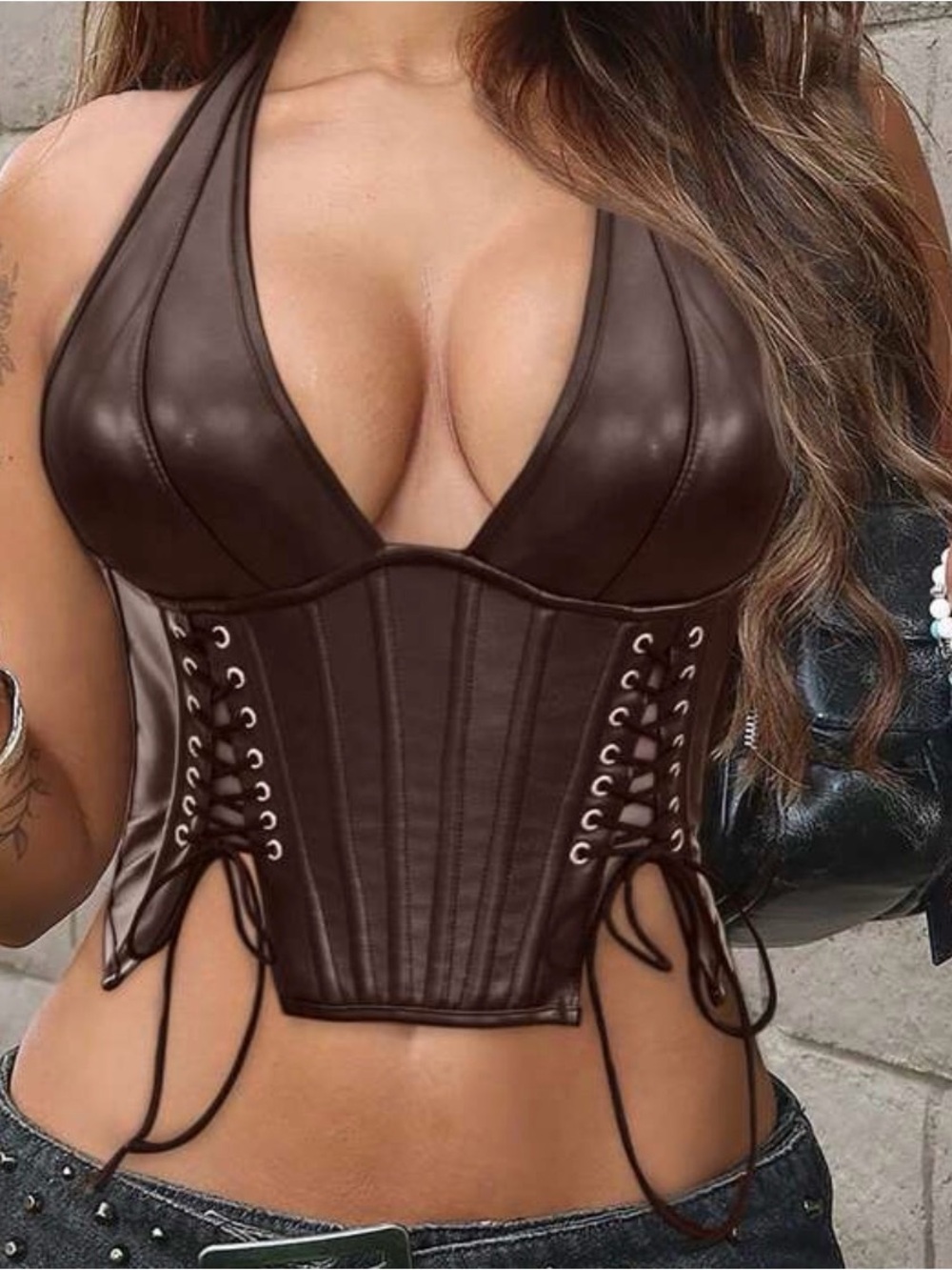 Brown Faux Leather Halter Corset Top